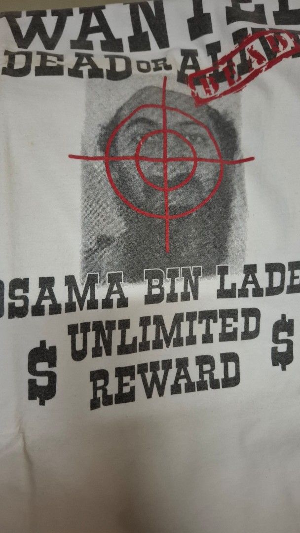 OSAMA BIN LADEN (Category: Tshirts & Polo Shirts ) located in Quezon City. Submitted by panicbuyer461 (Listing ID 1464696042, Image 2). Description: OSAMA BIN LADEN EARLY 2000 23.5 X 29 HEAVY WEIGHT COTTON BEEFY NECK NO FLAWS 6K FIRM.