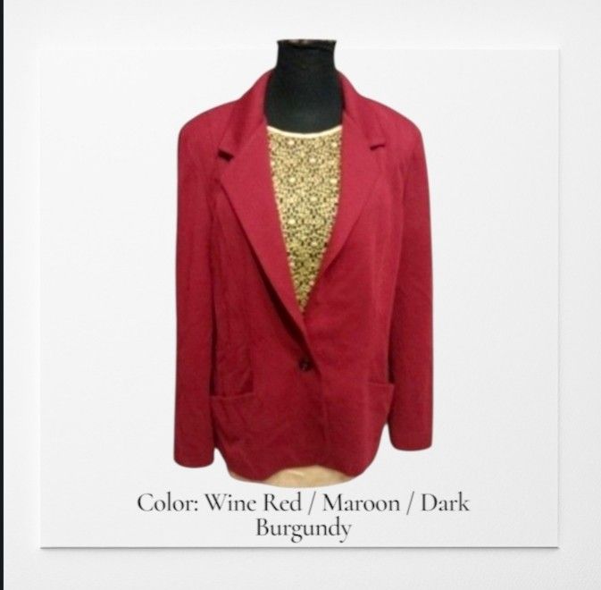 Oversized DEVON Wine Red Textured Blazer Jacket Single Button Plus Size XL (Category: Coats, Jackets and Outerwear) located in Bacoor. Submitted by aithriftcloset (Listing ID 1464732686, Image 2). Description: Code: Simple Yet Elegant 👌🏆Oversized Wine Red Textured Blazer Jacket Single Button Plus Size XL XXL ⭐Product Description 💥Make a sophisticated statement with this gorgeous wine red textured blazer, perfectly tailored for an effortlessly 