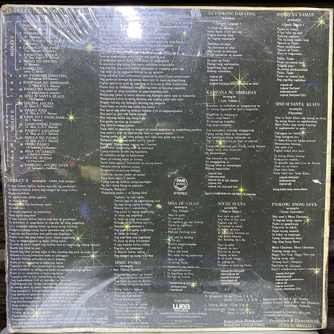 Pamasko Ng Mga Bituin Vinyl Records / Plaka (Category: Vinyls) located in San Francisco. Submitted by holygrailrecordsphils (Listing ID 1464700983, Image 2). Description: ▶️ Pamasko Ng Mga Bituin | 21 Imm0rtal Tagalog X’mas Songs 👉🏻 APO Hiking Society 👉🏻 Florante 👉🏻 Marco Sison 👉🏻 Ivy Violan 👉🏻 Vernie Gonzales 👉🏻 Celeste Legaspi 👉🏻 Janet Basco 👉🏻 Leo Valdez 🖼 VG+ (customized plastic cover ) 💿 VG+ to VG++ 💵 1990.
