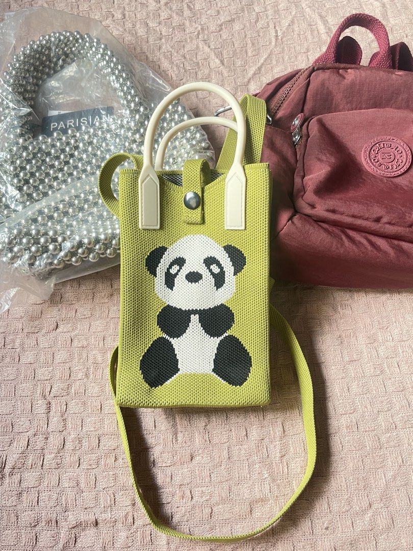 Panda Bag, Mettalic Bag, Maroon Backpack (Category: Tote Bags) located in Manila. Submitted by declutter_with_me-0__0-yana (Listing ID 1464641568, Image 1). Description: ✨BUNDLE DEAL✨ Three stylish bags for one great price! 1️⃣ BARELY USED: Cute Panda Knit Bag with a long strap for comfortable carrying. 2️⃣ Sparkly Pearl Handbag: Elegant and eye-catching, still brand new in its original packaging. 3️⃣ LIKELY USED : Maroon Nylon Backpack. Durable 