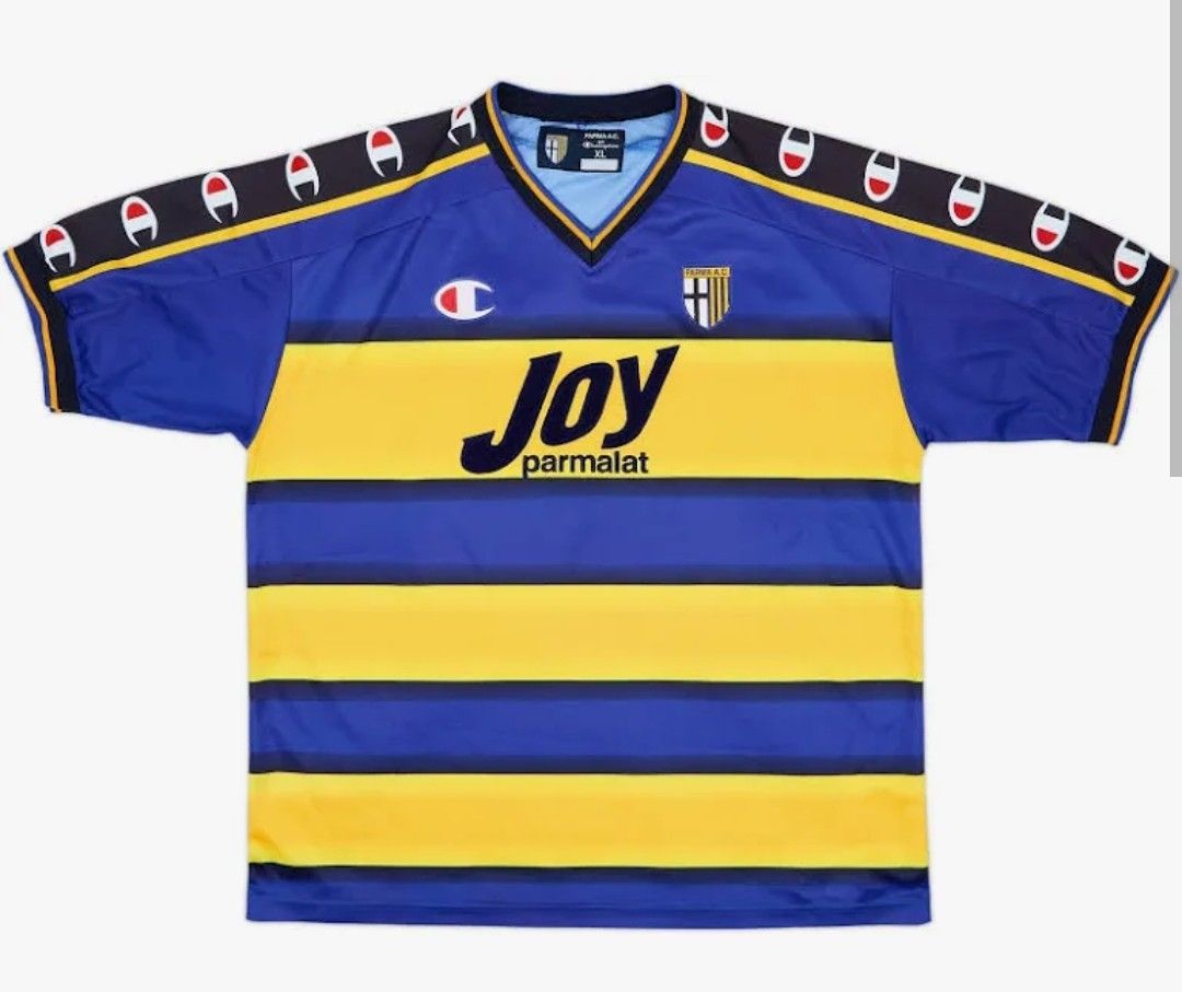 Parma AC Football Jersey L (Category: Activewear) located in Marikina City. Submitted by hals1995 (Listing ID 1464769178, Image 1). Description: - Authentic vintage Parma AC home football shirt by Champion - made in Italy - Coppa Italia winner - Classic blue and yellow hoops design - Joy sponsor, Champion logo and Parma crest in felt - V-neck collar with black, yellow, blue trim - Size: L chest 22" - EUC - shipped.