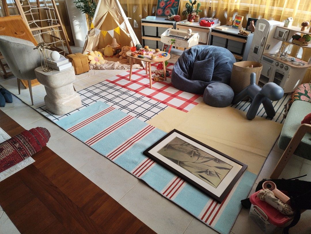 Patchwork Rug (Category: Infant Playtime) located in Singapore. Submitted by himac (Listing ID 1464630409, Image 2). Description: - Cute wooden play kitchen for kids - Includes pots, pans, and food items - Great for imaginative and pretend play - Perfect for toddlers and young children.