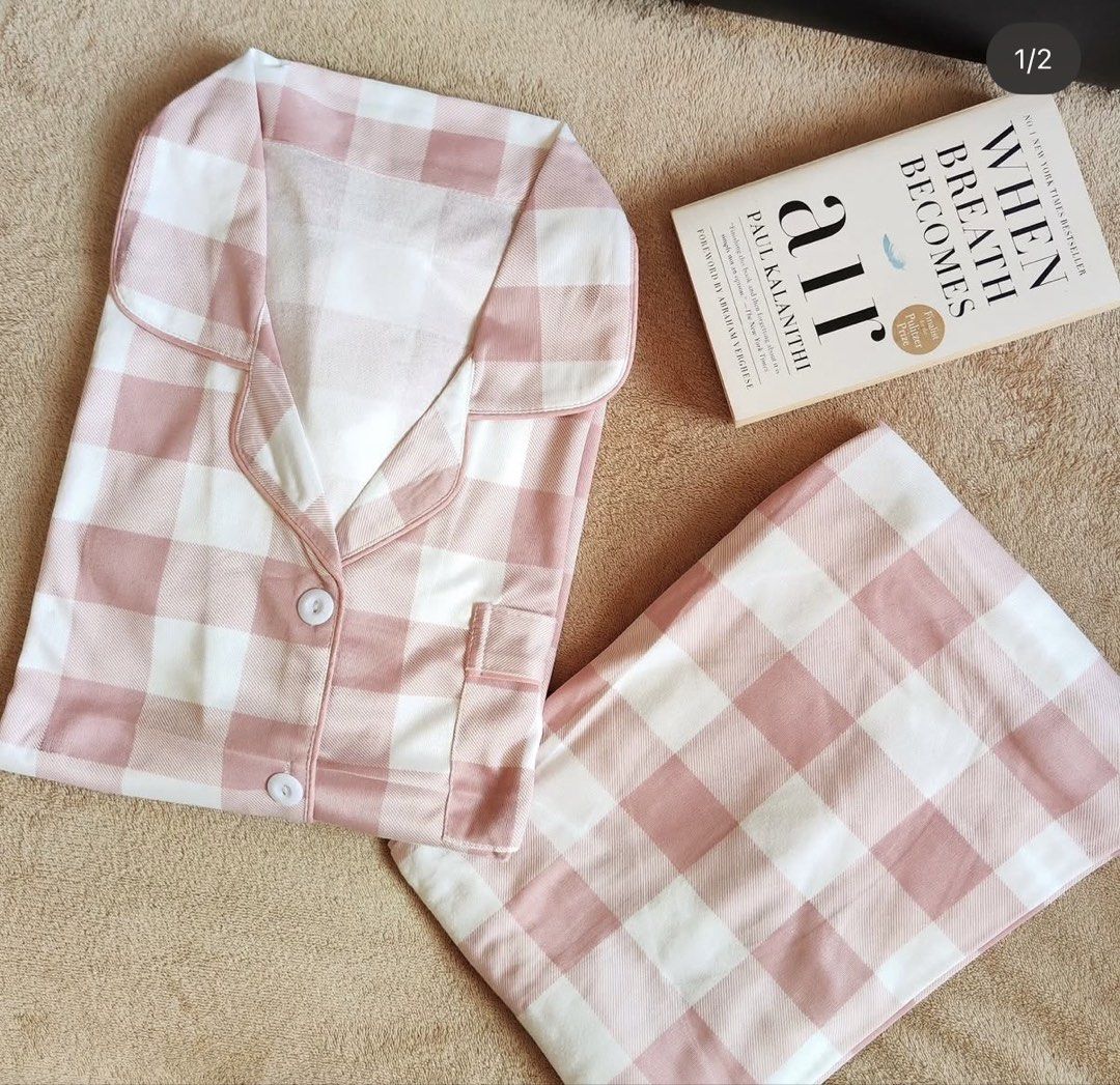 Pink and White Checkered Pajama Set (Category: Sets or Coordinates) located in Manila. Submitted by chavirly (Listing ID 1464713705, Image 1). Description: - Design: Cute pink and white gingham check pattern - Set includes: Short-sleeve button-down top with lapel collar and matching long pants - Material: Soft, lightweight polycotton fabric for ultimate comfort - Perfect for: Cozy lounging or sleeping at home - Condition: Brand new - Available in