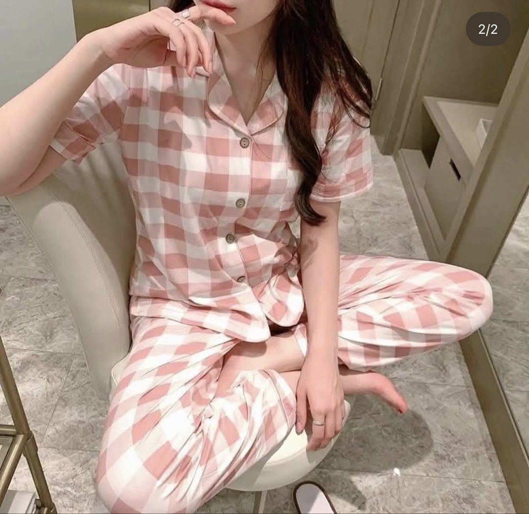 Pink and White Checkered Pajama Set (Category: Sets or Coordinates) located in Manila. Submitted by chavirly (Listing ID 1464713705, Image 2). Description: - Design: Cute pink and white gingham check pattern - Set includes: Short-sleeve button-down top with lapel collar and matching long pants - Material: Soft, lightweight polycotton fabric for ultimate comfort - Perfect for: Cozy lounging or sleeping at home - Condition: Brand new - Available in