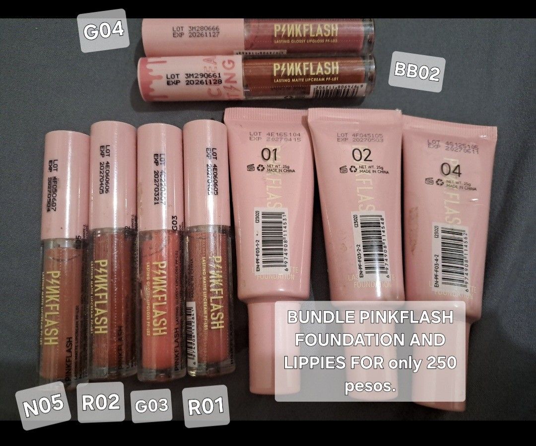 Pinkflash Makeup Foundation and Lippie Bundle (Category: Makeup) located in Pasig City. Submitted by declotha (Listing ID 1464743323, Image 1). Description: For Sale: Brandnew Pinkflash foundation and lippies. Foundation shades: 01 Vanilla 02 Sand Beige 04 Medium Peach Original price per foundation: Php 79 Selling for only 50 Php each or Php 110 for 3 foundation. Lippie shades: R01 R02 G03 G04 BB02 N05 Original price per lippie : Php 69 Selling f
