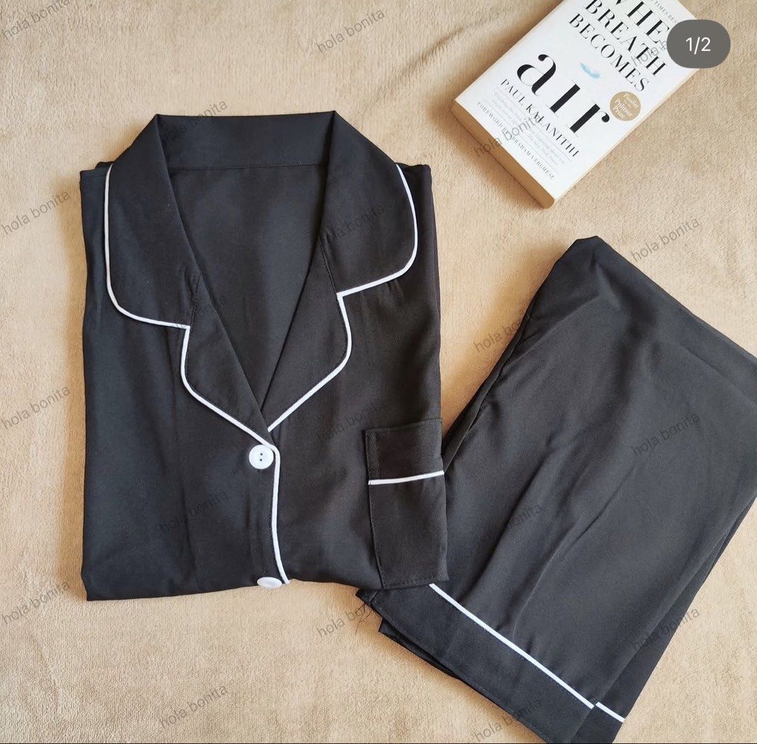 Plain Black Sleepwear Terno Set (Category: Undergarments & Loungewear) located in Manila. Submitted by chavirly (Listing ID 1464712435, Image 1). Description: - Color: Black with elegant white piping details - Set includes: Button-down top with chest pocket and matching relaxed-fit pants - Comfort: Smooth, lightweight chiffon fabric ideal for sleeping or lounging - Quality: Clean and neat stitching throughout - Condition: Brand new and ready to s