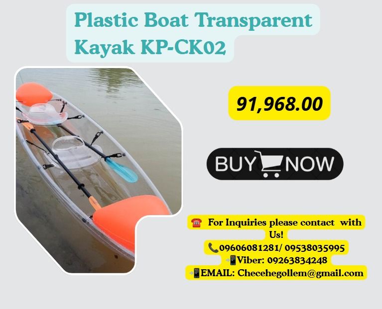 Plastic Boat Transparent Kayak KP-CK02 (Category: Home Improvement Tools & Accessories) located in Caloocan City. Submitted by liezelmonl80299 (Listing ID 1464579668, Image 1). Description: ●Material:6mm ●PC Size: 330*91*35cm ●Seat: 2 seats ●Weight:22KG ●Capacity:200KG .