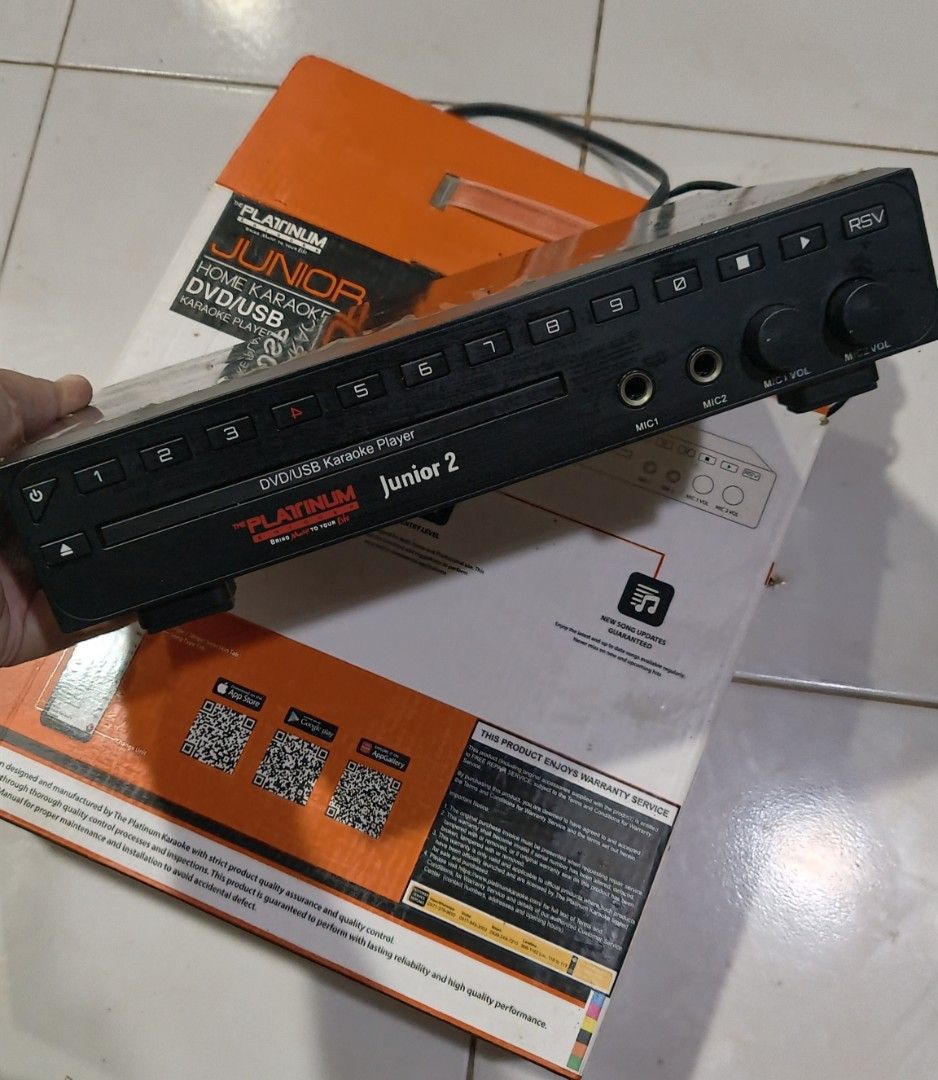 Platinum Junior 2 DVD/USB Karaoke Player with Disc and 2 mic (Category: Blu-Ray & Media Players) located in Caloocan City. Submitted by verdejojay04454 (Listing ID 1464629454, Image 1). Description: Selling: Platinum Junior 2 Junior 2 KS-10 Home Karaoke Player ✅ DVD/USB Karaoke Player ✅ Comes with 2 microphones 🎤🎤 ✅ With original box ✅ Includes karaoke song disc ✅ RCA cables included ✅ Compact and easy to use ⚠️ Lighly used 🚚 Delivery fee shou