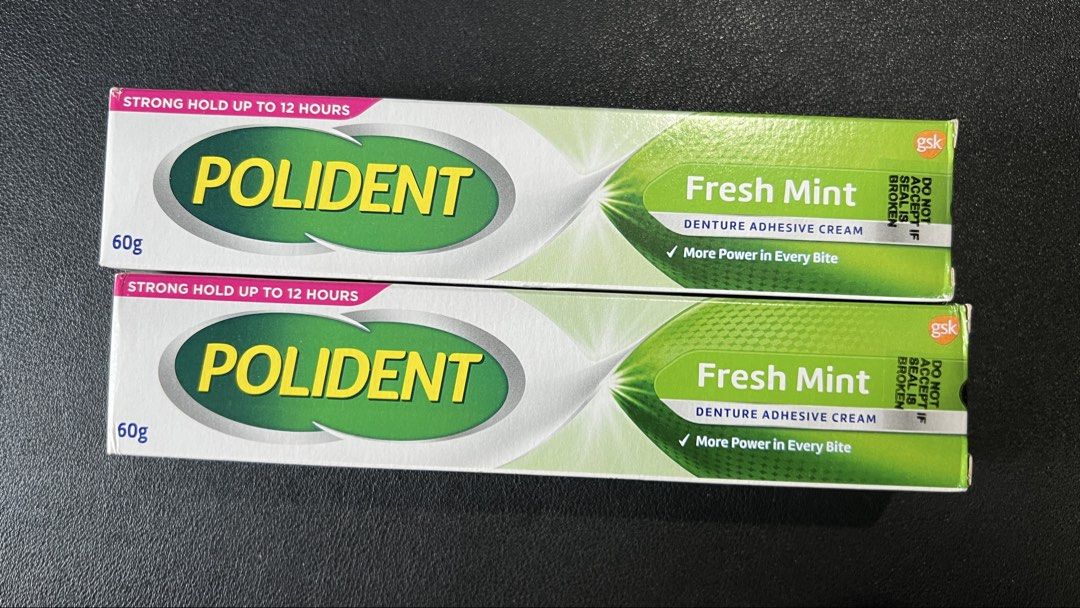 Polident Fresh Mint Denture Adhesive Cream 60g (2 Tubes) (Category: Oral Care) located in Las Pinas. Submitted by silentshark_048 (Listing ID 1464580251, Image 1). Description: - 2 x Polident Fresh Mint Denture Adhesive Cream (60g each) - Strong hold for up to 12 hours - Fresh mint flavor for lasting freshness - Expiry Date: 2028/07 RFS: Extra items, sealed, unopened..