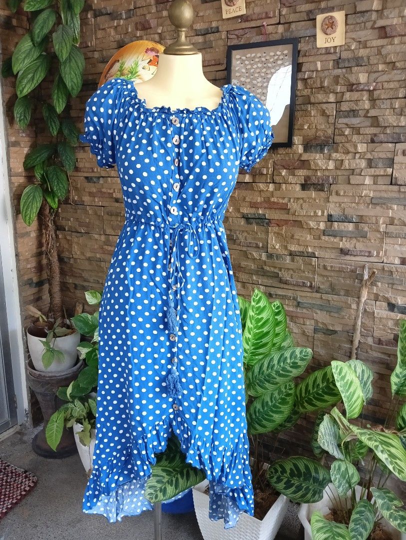 Polka Dress (Category: Dresses) located in Rizal. Submitted by timeless_shop (Listing ID 1464603681, Image 1). Description: Polka Dot Dress - Blue with White Dots 📏 Length: 46 inches - Midi / Maxi 📏 Bust: 36-38 inches paikot - kasya M-L frame 📏 Waist: 28-33 inches - garterized + may tali with tassel, adjustable! 👗 Size: Medium to Large 🎨 Color: Royal Blue with white polka dots - ang ganda! ✂️ Style: Puff sleeves, off-shoulder / square neck, 