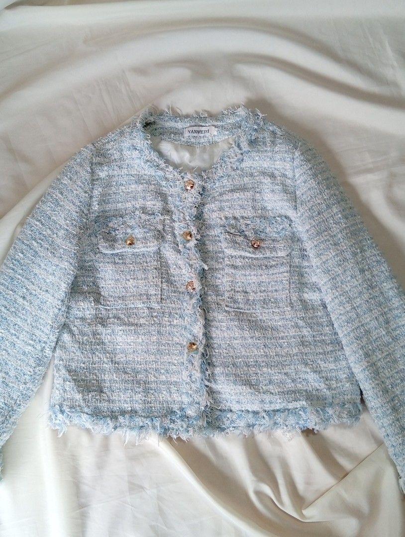 Premium Blue Tweed Blazer (Category: Coats, Jackets and Outerwear) located in Rizal. Submitted by tweeds_by_n (Listing ID 1464739520, Image 1). Description: size: small - med — no issue/flaws — complete buttons — with inner lining — premium quality — seller's fav! mop: gcash mod: tiktok checkout or direct spx/jnt/lalamove 📍 Binangonan, Rizal. 📩DM me if interested!.