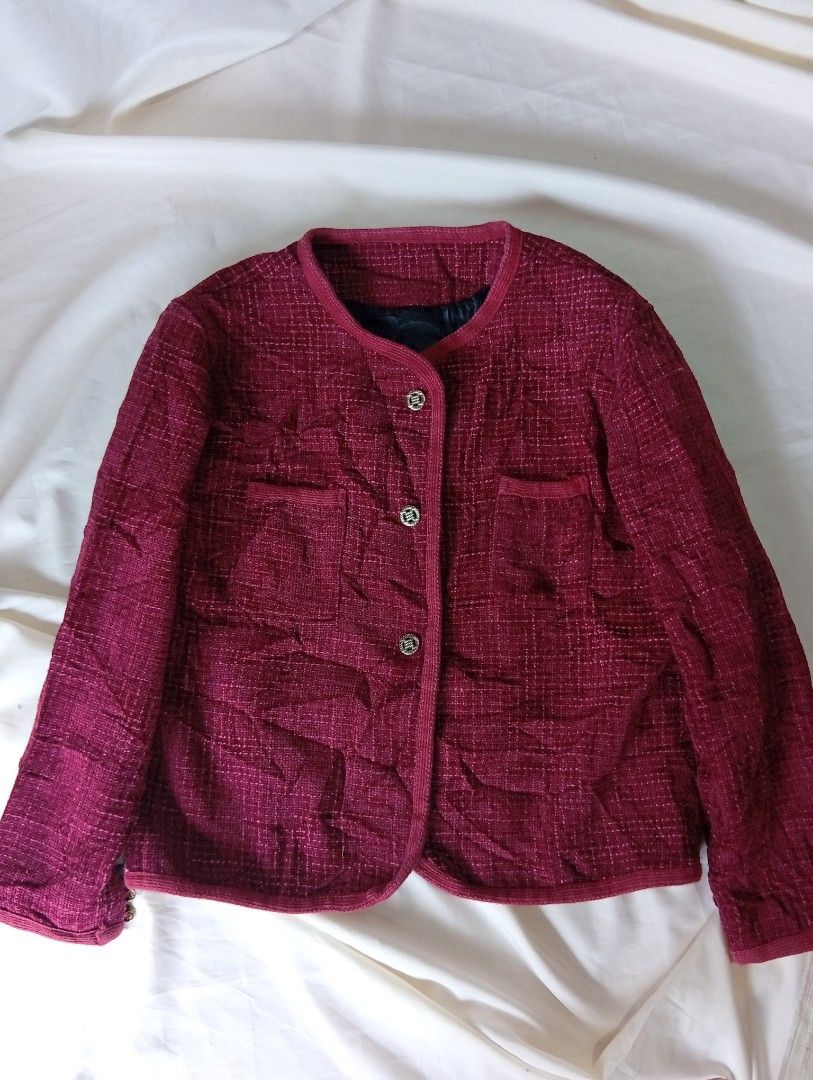 Premium Maroon Tweed Blazer (Category: Coats, Jackets and Outerwear) located in Rizal. Submitted by tweeds_by_n (Listing ID 1464737470, Image 1). Description: size: small - medium — no issue/flaws — complete buttons — with inner lining — premium quality mop: gcash mod: tiktok checkout or direct spx/jnt/lalamove 📍 Binangonan, Rizal. 📩DM me if interested!.