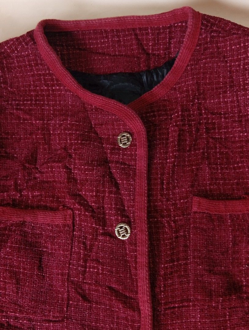 Premium Maroon Tweed Blazer (Category: Coats, Jackets and Outerwear) located in Rizal. Submitted by tweeds_by_n (Listing ID 1464737470, Image 2). Description: size: small - medium — no issue/flaws — complete buttons — with inner lining — premium quality mop: gcash mod: tiktok checkout or direct spx/jnt/lalamove 📍 Binangonan, Rizal. 📩DM me if interested!.