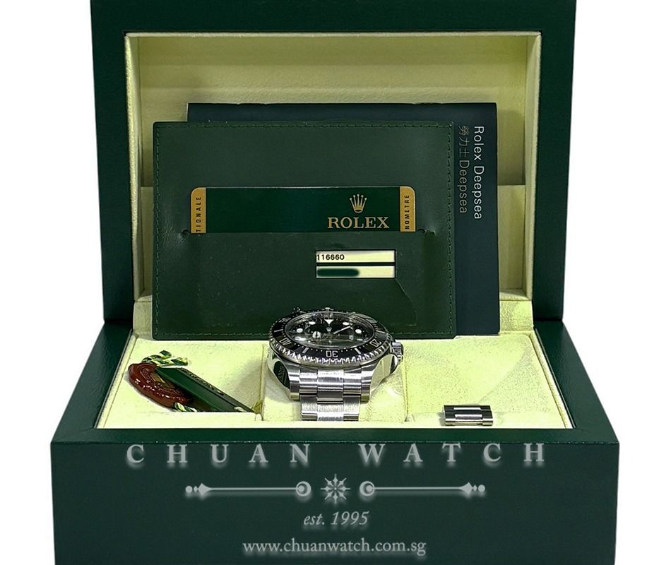 Pre-Owned Rolex Deepsea Sea-Dweller 44mm 116660 Black - Discontinued (SEP 2014) (Category: Watches) located in Singapore. Submitted by chuanwatch (Listing ID 1464614519, Image 2). Description: Rolex Deepsea Sea-Dweller 44mm 116660 Black - Discontinued REF : 116660-0001 *AVAILABLE Asking Price of SGD$10,950 (Negotiable, 2% Off via Cash / Bank Wire / PayNow) Condition : Pre-Owned in Near-MINT Condition Alpha-Numerical Series (Circa 2014) Complete B