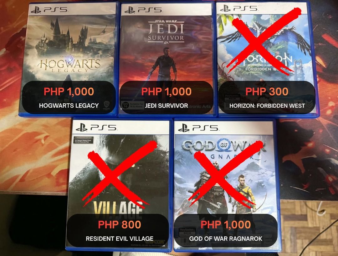 PS5 Games (Category: PlayStation) located in Makati City. Submitted by mightymountain.845856 (Listing ID 1463675672, Image 1). Description: Jedi Survivor - 1000 Hogwarts Legacy - 1000 Meetup: Makati Circuit Delivery - Fee should be shouldered by buyer .