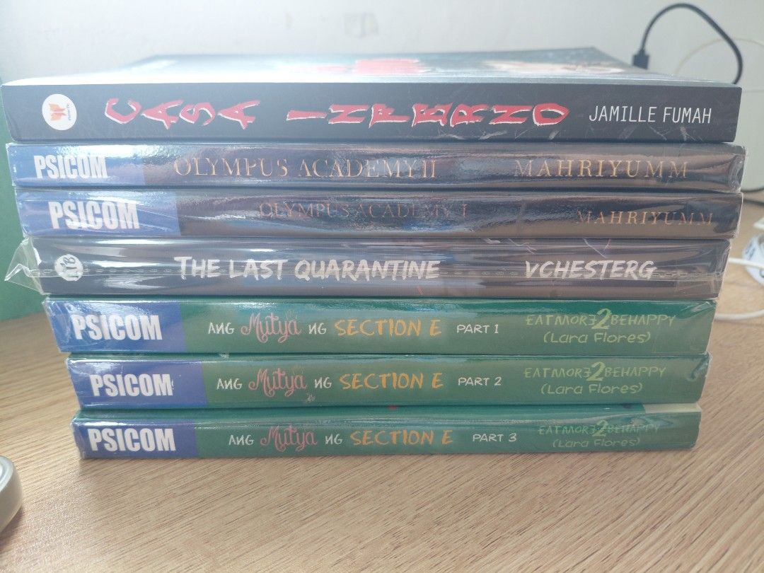 Psicom Books: Olympus Academy, Hell University, Casa Inferno, Section E (Category: Storybooks) located in Pasay City. Submitted by fastoc (Listing ID 1464604313, Image 1). Description: - Psicom Book Collection for Sale! - Includes: - Olympus Academy I & II - Casa Inferno - Section E Parts 1, 2, & 3 - The Last Quarantine - Perfect for collectors and fans! - With Free Hell U Pt 1 and Stay Awake Agatha .