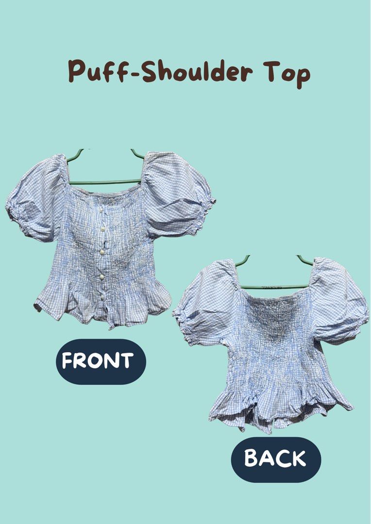 Puff-Shoulder Checkered Blue Top (Category: Blouses) located in Manila. Submitted by blairwinter (Listing ID 1464600676, Image 1). Description: .
