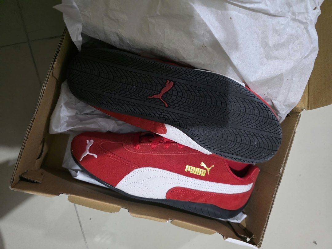 Puma Speed Cat OG Red White Shoes (Category: Sneakers) located in Manila. Submitted by wanderiri (Listing ID 1464631229, Image 1). Description: - Red Puma Speed Cat OG shoes used once - Classic white stripe detail on the side - Gold Puma logo accents on side and heel - Comes with original box - Size: UK 6 / US 7 / EUR 39 / CM 25.