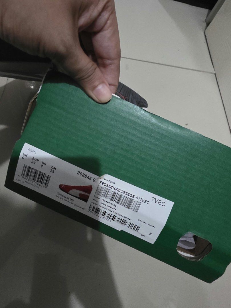 Puma Speed Cat OG Red White Shoes (Category: Sneakers) located in Manila. Submitted by wanderiri (Listing ID 1464631229, Image 2). Description: - Red Puma Speed Cat OG shoes used once - Classic white stripe detail on the side - Gold Puma logo accents on side and heel - Comes with original box - Size: UK 6 / US 7 / EUR 39 / CM 25.