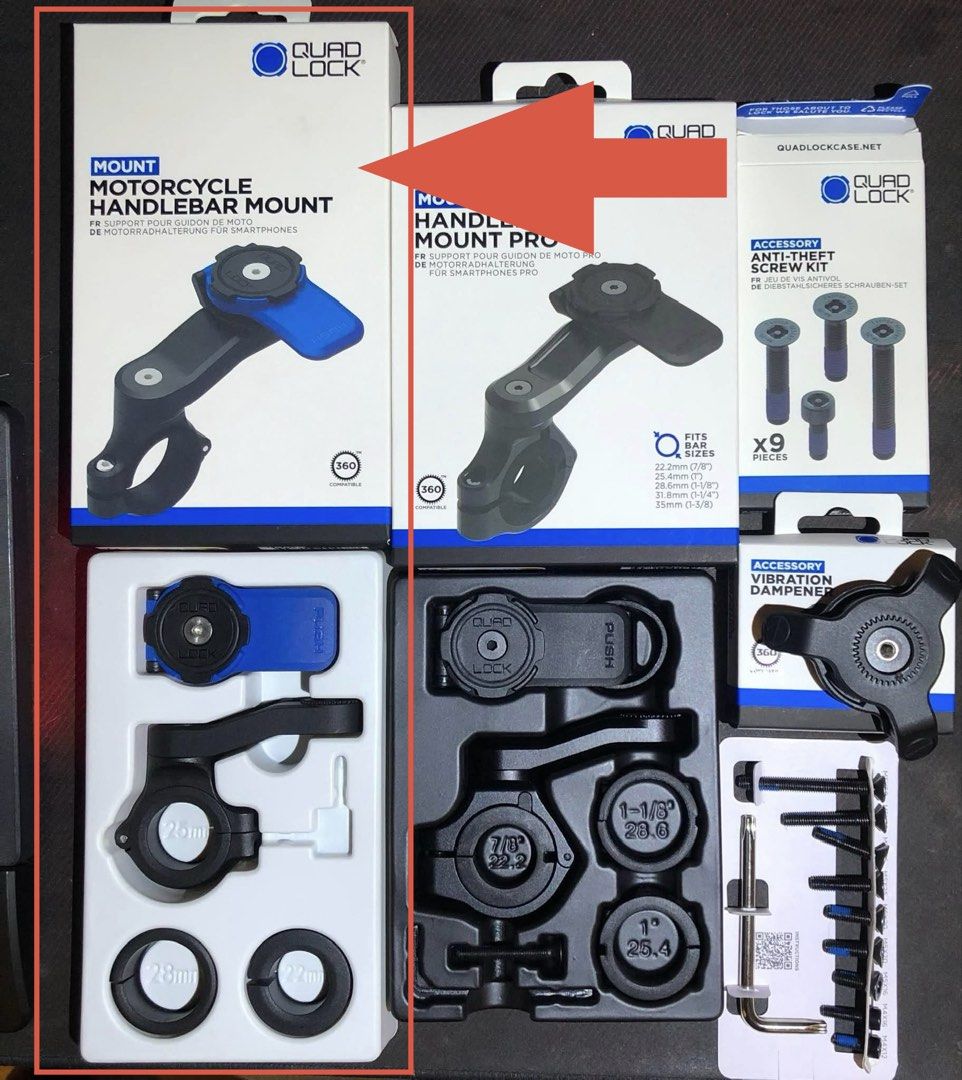 Quad Lock Motorcycle Handlebar Mount Blue (Category: Bicycles) located in Pasig City. Submitted by roadtotrack (Listing ID 1464691699, Image 1). Description: - Authentic Quad Lock motorcycle handlebar mount setup - Features a stylish blue lever accent on the main mount - Includes handlebar clamps and spacer rings for universal bar size compatibility - Comes complete with original box packaging - Secure, vibration-resistant mounting for your phone