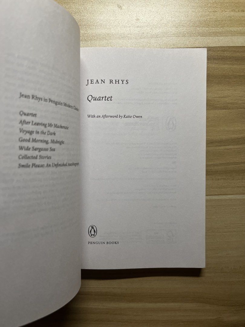 Quartet by Jean Rhys (Category: Storybooks) located in Quezon City. Submitted by ekrudieter (Listing ID 1464583482, Image 2). Description: - Jean Rhys Quartet collection - From Penguin Modern Classics - Includes: 'Quartet', 'After Leaving Mr Mackenzie', 'Voyage in the Dark', 'Good Morning, Midnight', 'Wide Sargasso Sea', and 'Collected Stories' - Features an afterword by Katie Owen - Highly recommended for a great reading experience.