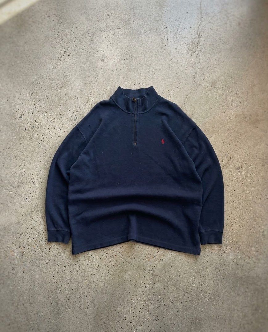 Ralph Lauren Navy Blue Quarter Zip (Category: Coats, Jackets and Outerwear) located in Carmona. Submitted by thrifty_kay (Listing ID 1464720629, Image 1). Description: Very Good Condi Color rate: 9.5/10 Issue: Bullet Hole Dimes: 28x30 (2XB on tag).