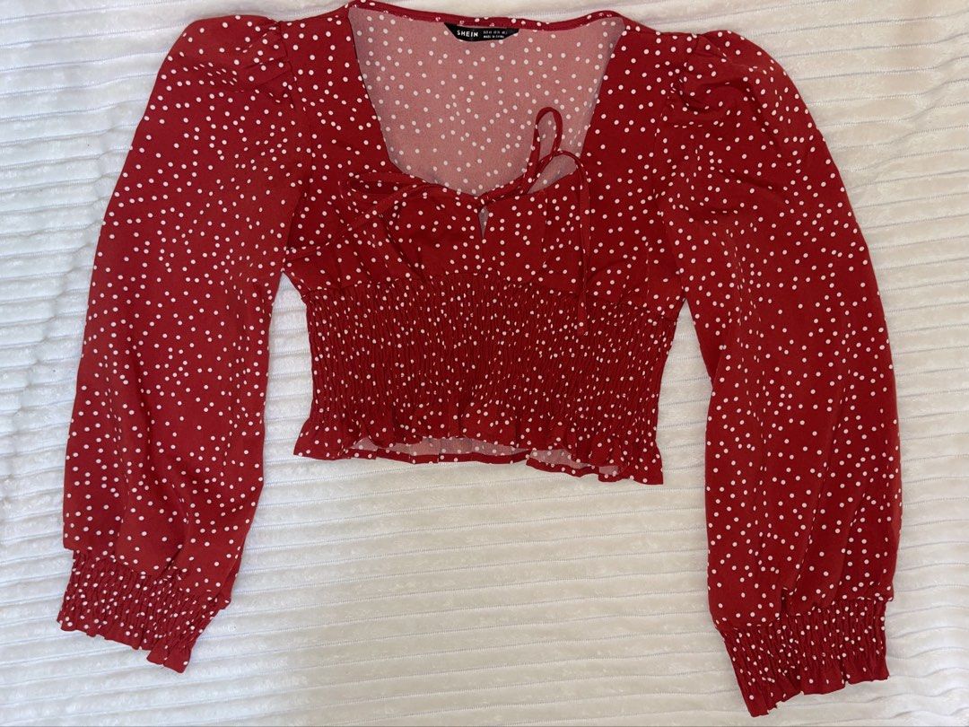 Red Polka Dot Long Sleeve (Category: Longsleeves) located in Manila. Submitted by rare.yurichi (Listing ID 1464737569, Image 2). Description: Features a red and white polka dot print, flattering sweetheart neckline with front tie detailing, elastic shirred/smocked waist, and long slightly puffed sleeves..