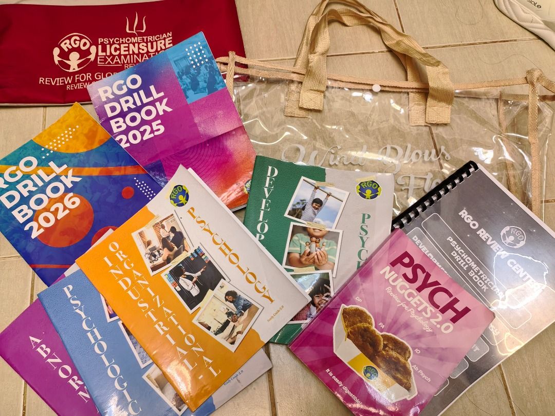 RGO REVIEW KIT & Review and Board Essentials (Category: Textbooks) located in Caloocan City. Submitted by samantharain_0821 (Listing ID 1464732749, Image 1). Description: - Complete RGO review bundle for the Psychometrician Licensure Examination - Includes 2025 and 2026 drill books - Comes with Psych Nuggets 2.0 - Features reviewer workbooks for Industrial-Organizational Psychology and Developmental Psychology - Includes loose-leaf study notes an