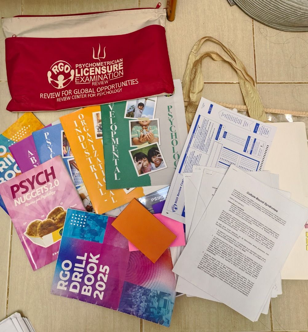RGO REVIEW KIT & Review and Board Essentials (Category: Textbooks) located in Caloocan City. Submitted by samantharain_0821 (Listing ID 1464732749, Image 3). Description: - Complete RGO review bundle for the Psychometrician Licensure Examination - Includes 2025 and 2026 drill books - Comes with Psych Nuggets 2.0 - Features reviewer workbooks for Industrial-Organizational Psychology and Developmental Psychology - Includes loose-leaf study notes an