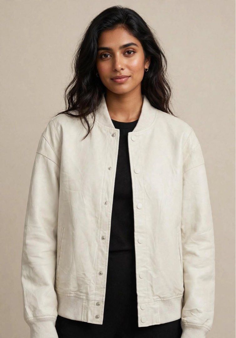 Ring Of Fire Leather Varsity Birch -colored bomber jacket (Category: Coats, Jackets and Outerwear) located in San Pedro. Submitted by lifebeginsaftercoff33 (Listing ID 1464589216, Image 2). Description: - Jonah Vegan Leather Varsity Birch -colored bomber jacket from Ring Of Fire - Can be unisex - Snap button front closure - Ribbed collar, cuffs, and hem for a snug fit - Two convenient side pockets - Fully lined interior with a stylish chain detai