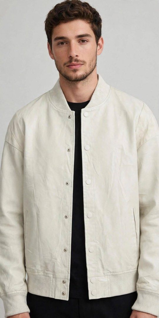 Ring Of Fire Leather Varsity Birch -colored bomber jacket (Category: Coats, Jackets and Outerwear) located in San Pedro. Submitted by lifebeginsaftercoff33 (Listing ID 1464589216, Image 1). Description: - Jonah Vegan Leather Varsity Birch -colored bomber jacket from Ring Of Fire - Can be unisex - Snap button front closure - Ribbed collar, cuffs, and hem for a snug fit - Two convenient side pockets - Fully lined interior with a stylish chain detai