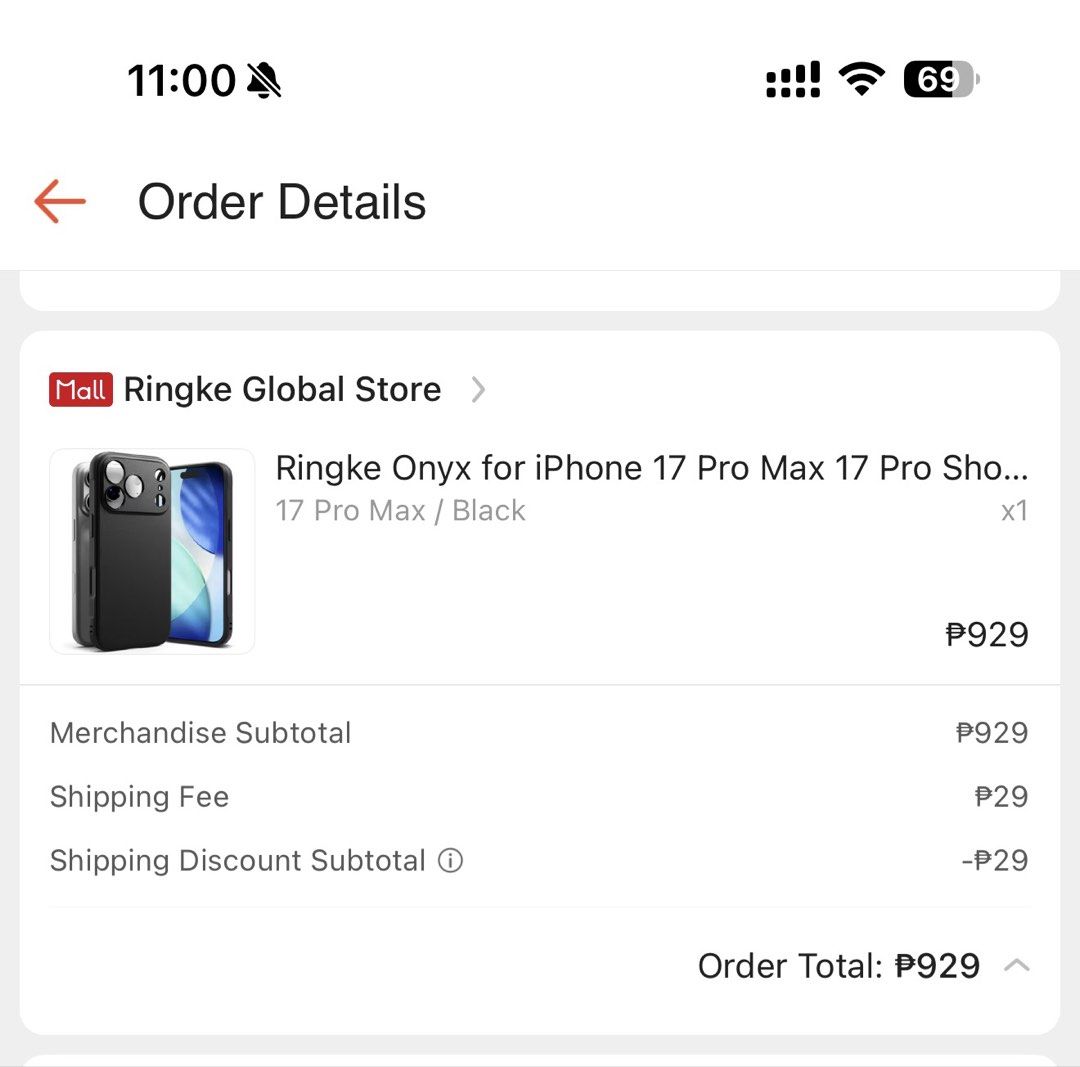 Ringke Onyx Phone Case for iPhone 17 Pro Max (Category: Cases & Sleeves) located in Taguig. Submitted by cessymeme (Listing ID 1464589564, Image 1). Description: - Brand: Ringke - Model: Onyx - Compatible with: iPhone 17 Pro Max - Color: Black - Features: Durable protection, slim design - Condition: Used, with minor scratches on the back.