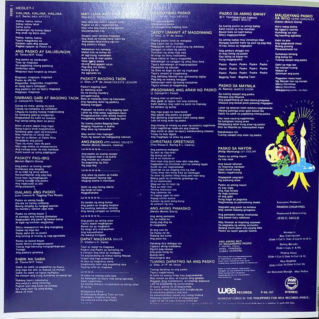 Salubongin Ang Pasko / Vinyl Records / Plaka (Category: Vinyls) located in San Francisco. Submitted by holygrailrecordsphils (Listing ID 1464701550, Image 2). Description: ▶️ Salubongin Ang Pasko 👉🏻Janet Basco 👉🏻 Ivy Violan 👉🏻 Dulce 👉🏻 Vernie Gonzales 👉🏻 Celeste Legaspi 👉🏻 Marco Sison 👉🏻 Leo Valdez 👉🏻 Apo Hiking Society 👉🏻 Champoy 🇵🇭 Ph Press 🖼 D !Y c0ver / Repr0 sleeves 💿 VG+ 💵 1690.
