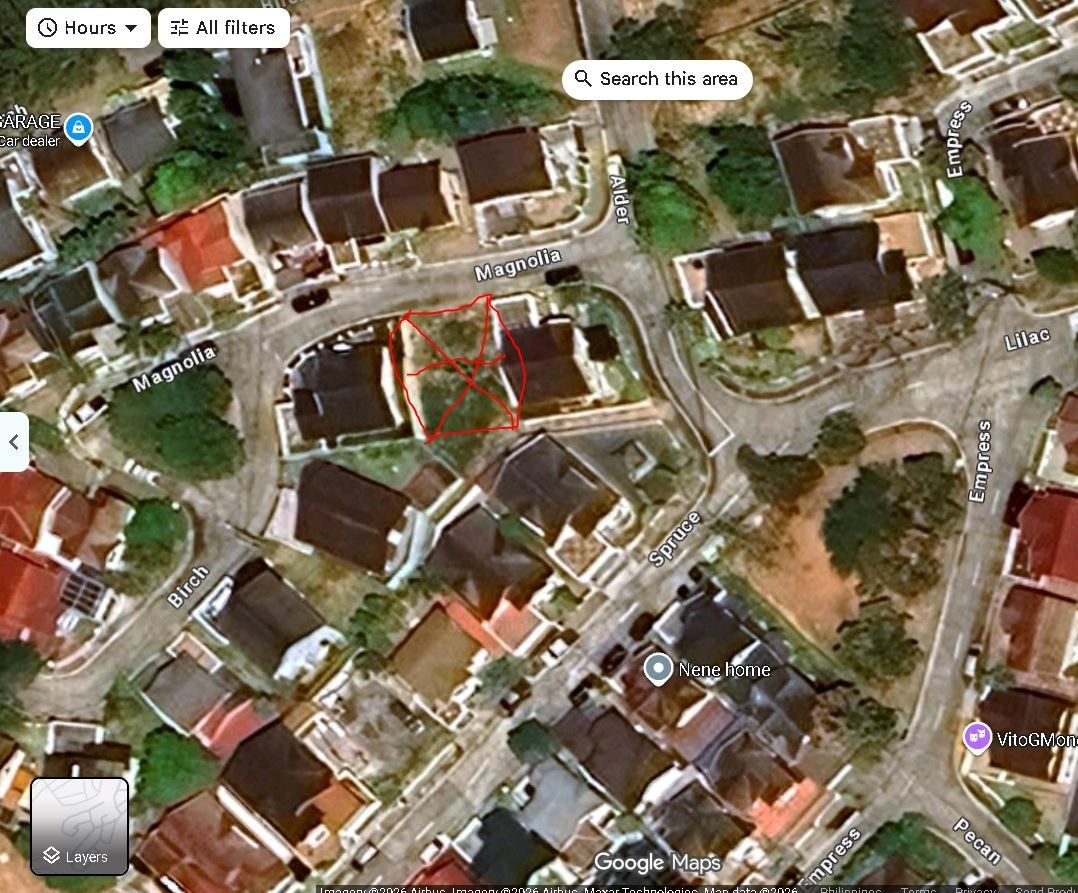 Satellite Map Location Aerial View (Category: Lot) located in Quezon City. Submitted by abe35185 (Listing ID 1464767931, Image 1). Description: - High-resolution Google Maps aerial screenshot - Features clearly labeled residential streets (Magnolia, Birch, and Spruce) - Red outline clearly marks the specific plot in the middle block - Ideal for checking property layouts - Great for easily sharing precise directions with others.