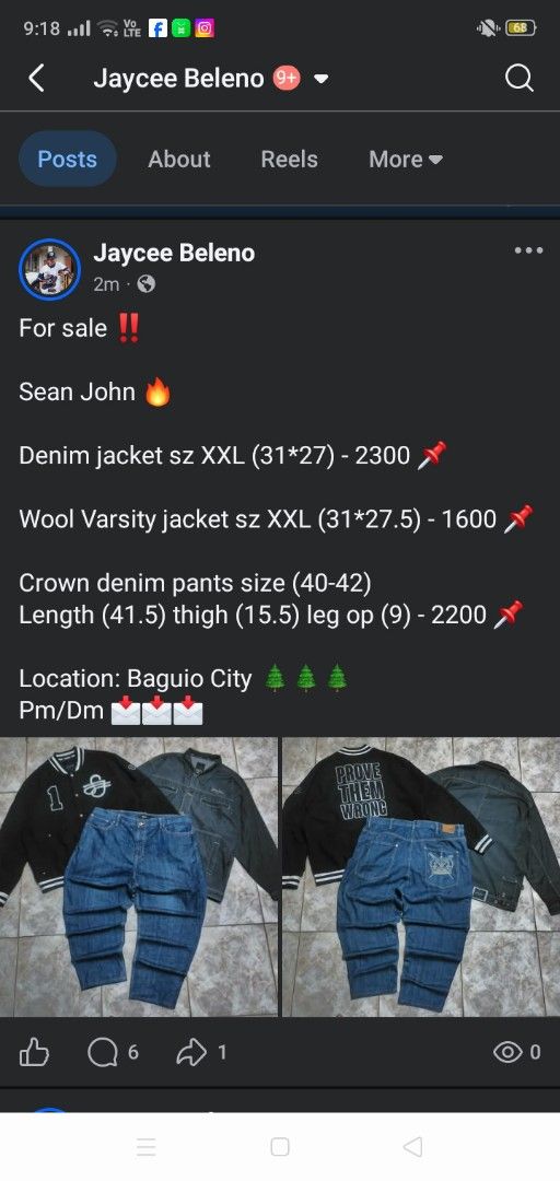 Sean John Denim Jacket Wool Varsity Jacket Crown Denim Pants (Category: Coats, Jackets and Outerwear) located in Manila. Submitted by ramosjacqu35241 (Listing ID 1464768833, Image 1). Description: For sale ‼️ Sean John 🔥 Denim jacket sz XXL (31*27) - 2300 📌 Wool Varsity jacket sz XXL (31*27.5) - 1600 📌 Crown denim pants size (40-42) Length (41.5) thigh (15.5) leg op (9) - 2200 📌 Location: Baguio City 🌲🌲🌲 Pm/Dm 📩📩📩.