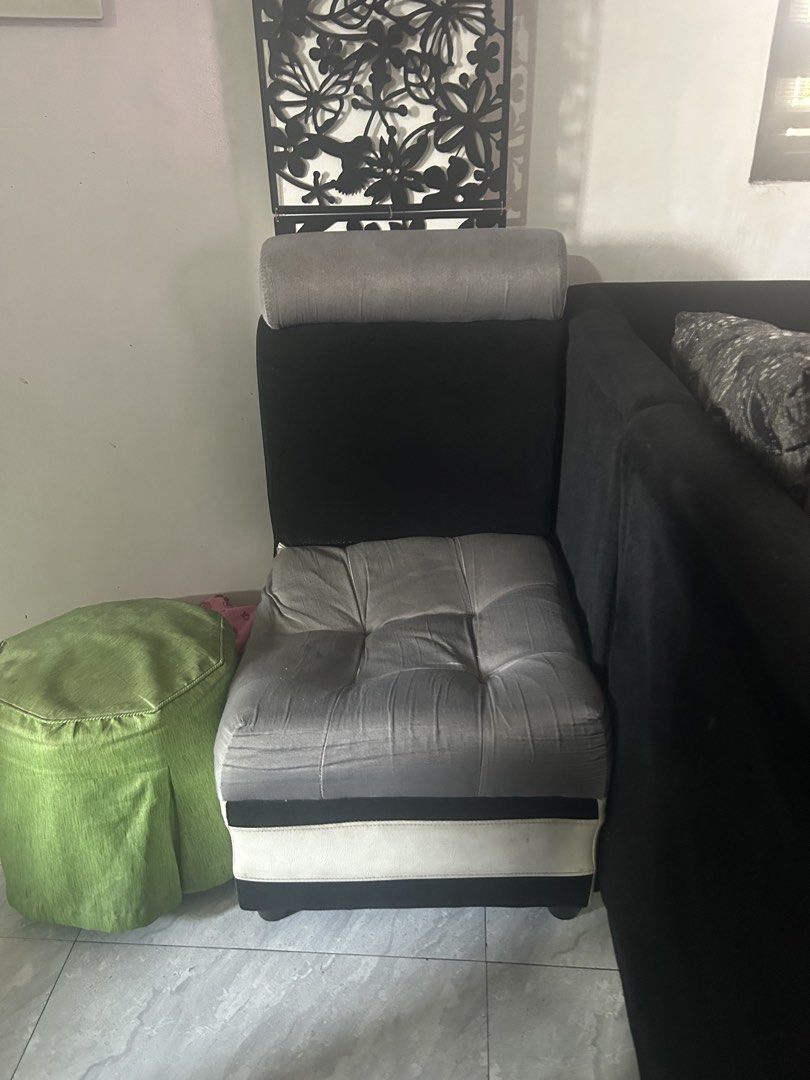 Sectional Sofa with Ottoman and Accent Chair (Category: Sofas) located in Manila. Submitted by colinrosa644114 (Listing ID 1464572863, Image 2). Description: PRICE IS NEGOTIABLE -Comfortable U-shaped sectional sofa with ottoman - Includes a matching accent chair - Upholstered in a stylish grey and black fabric mix - Features tufted seat cushions for added elegance - Comes with decorative throw pillows for a complete look - Ideal for enhancing you