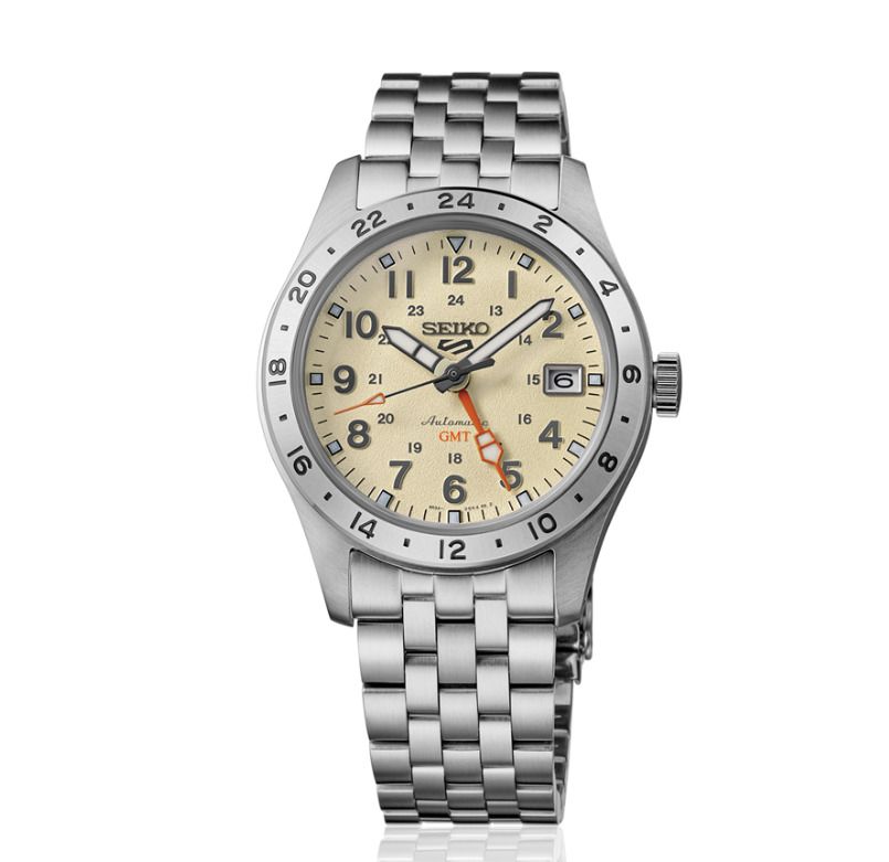 Seiko 5 Automatic GMT Watch HDB002 (Category: Men's Watches) located in Rizal. Submitted by msantillan (Listing ID 1464577911, Image 3). Description: BNIB - Seiko 5 Automatic GMT Watch HDB002 Desert Sand - Elegant Cream Dial - Durable Stainless Steel Bracelet - Rotating Bezel for Second Time Zone Tracking - Includes Original Box and Tags - Ideal for Travelers and Everyday Wear https://www.seikowatches.com/ph-en/products/5sports/hdb002.