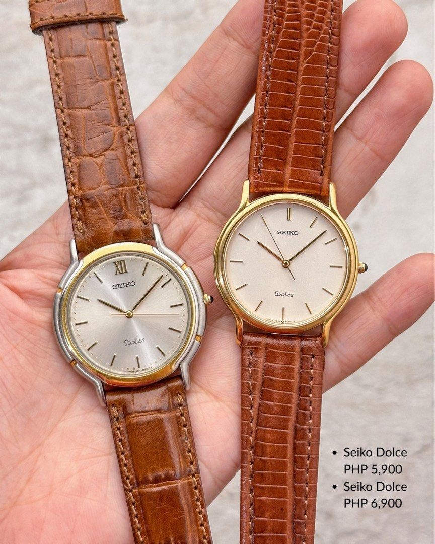 Seiko Dolce two tone leather watch (Category: Men's Watches) located in Manila. Submitted by francisclosett (Listing ID 1464616663, Image 1). Description: Right - sold Left - available Visit my ig shop: themagnoliadial - Working condition - Free shipping - Last price already - Meetup and Layaway available.