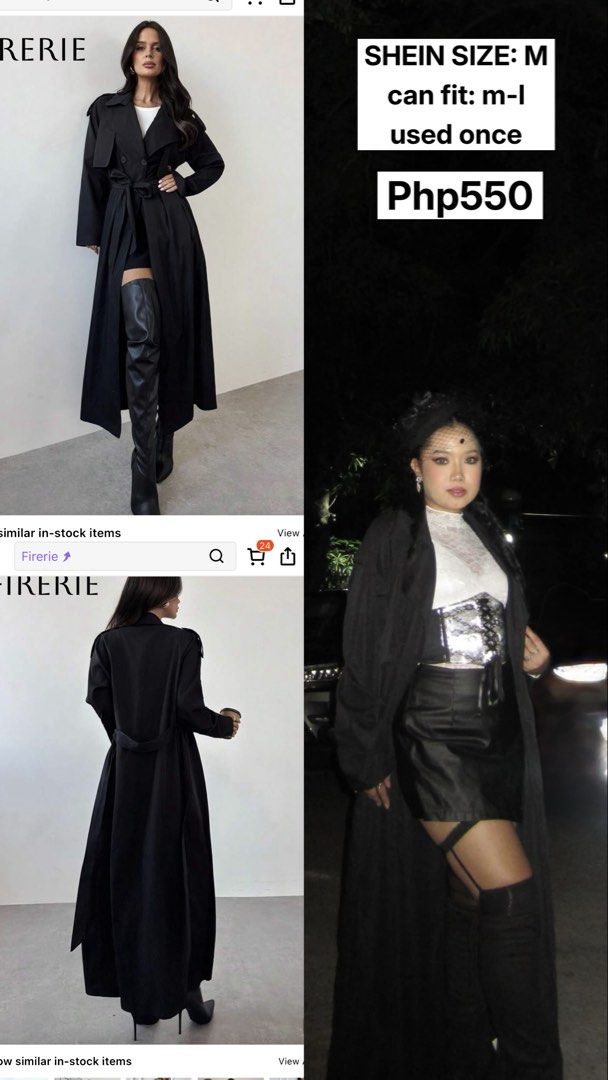 SHEIN Black Long Trench Coat (Category: Coats, Jackets and Outerwear) located in Manila. Submitted by gieanne.222 (Listing ID 1464626508, Image 1). Description: - SHEIN Black Trench Coat - Size: Medium (fits Medium to Large) - Condition: Worn only once - Perfect for layering and cooler weather - Adds a chic touch to any outfit - Price: Php550.