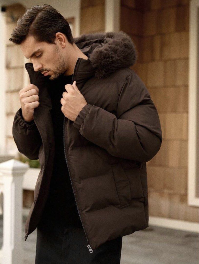 SHEIN Men Mainfolk Brown Furry Collar Jacket (Category: Coats, Jackets and Outerwear) located in Manila. Submitted by twiloves0824 (Listing ID 1464595038, Image 3). Description: Used once by my bf in Tokyo in a Snow resort Detachable fur hood Really Looks good when worn .