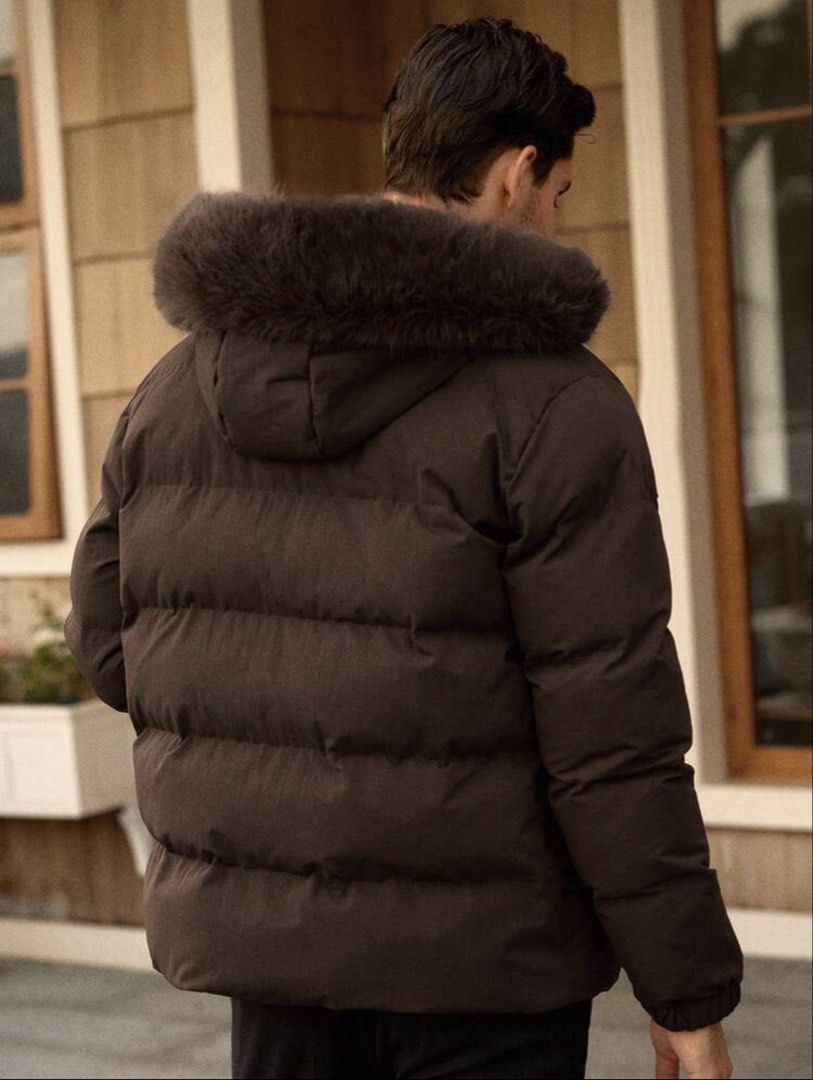 SHEIN Men Mainfolk Brown Furry Collar Jacket (Category: Coats, Jackets and Outerwear) located in Manila. Submitted by twiloves0824 (Listing ID 1464595038, Image 2). Description: Used once by my bf in Tokyo in a Snow resort Detachable fur hood Really Looks good when worn .