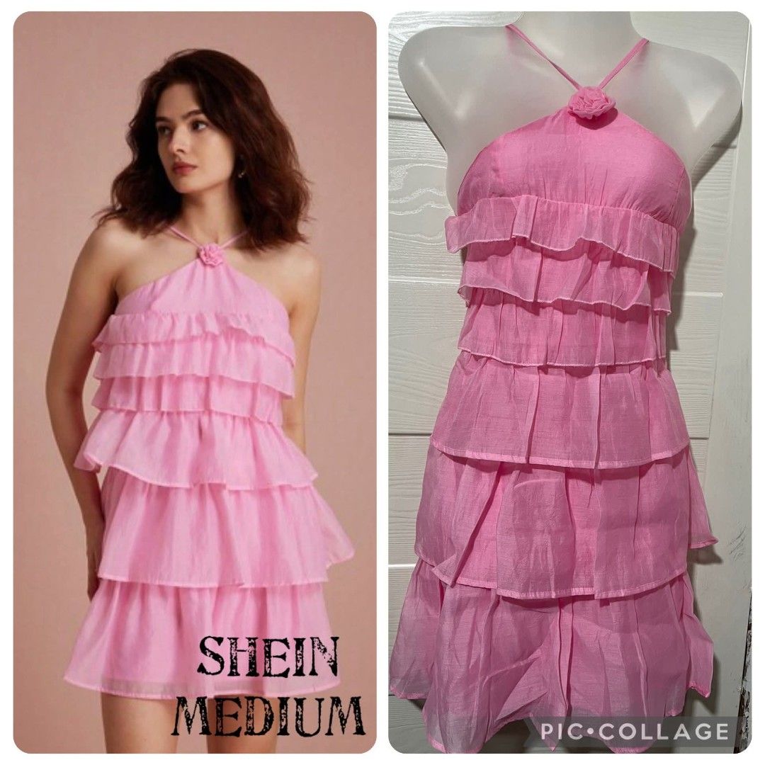 SHEIN Pink Ruffle Halter Neck Dress Medium (Category: Dresses) located in Manila. Submitted by kathylandia (Listing ID 1464672687, Image 1). Description: - Cute pink tiered ruffle dress - Brand: SHEIN - Halter neck with flower detail - Perfect for parties or night out - Size: Medium - Condition: Worn only once for a photoshoot.