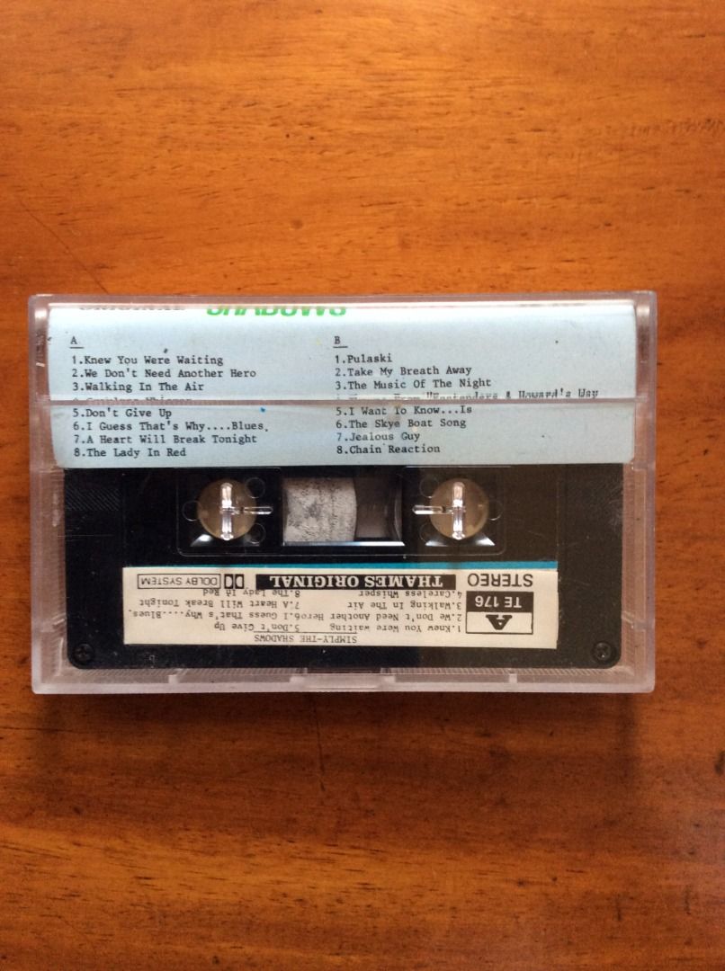 Simply The Shadows Cassette Tape (Category: CDs & DVDs) located in Silang. Submitted by lawrencenorthey (Listing ID 1464577774, Image 2). Description: - Cassette tape from Simply The Shadows - Features popular songs: 'Knew You Were Waiting', 'We Don't Need Another Hero', 'Walking In The Air', 'Pulaski', and 'Take My Breath Away' - Equipped with Dolby System - Thames Original release - Ideal for cassette tape collectors.