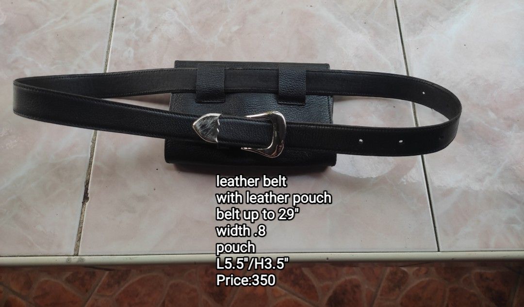 Slim leather belt (Category: Belts) located in Cainta. Submitted by allauthenticbymj (Listing ID 1463795251, Image 1). Description: genuine leather pareho 1) **slim leather belt with leather pouch color:black WL-up to 29" width .8 leather pouch L5.5"/H3.5" price:350 Buyer shoulders sf 2) ** leather belt color: black outer/deep brown inner side WL -up to 29" width- 1inch price:350 buyer shoulders sf Location: Cainta Courier choices and MOP Gogo ex