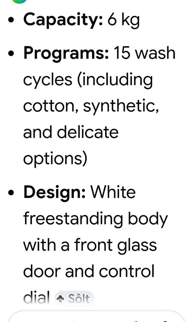 Sôlt Front Load Washing Machine Automatic (Category: Washing Machines and Dryers) located in Baliuag. Submitted by marieannfernando23 (Listing ID 1464689981, Image 2). Description: - Brand: Sôlt Front Load Washing Machine Automatic ( 6 kg ) - Color: White with clean body and glass door - Features: Standard size drum, central dial, and digital panel for multiple cycle settings - Efficiency: Energy and water rating stickers attached - Condition: Cl