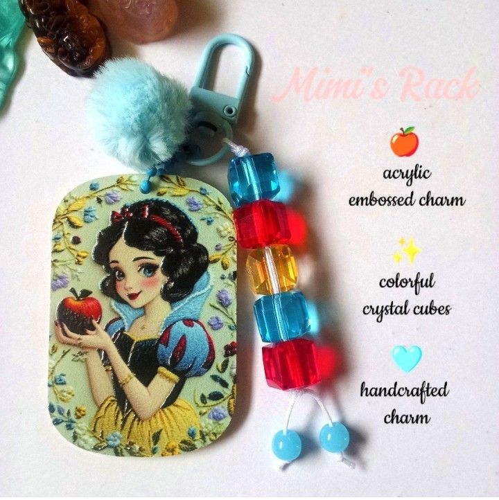 SNOW WHITE INSPIRED CRYSTAL KEYCHAIN/ BAG CHARM (Category: Charms) located in Taguig. Submitted by mimisrack (Listing ID 1464705942, Image 2). Description: 🩵Add a fairytale sparkle to your everyday essentials with this handcrafted Snow White-inspired keychain featuring colorful crystal cube beads and a dreamy princess aesthetic.Perfect for Disney lovers, collectors, and kawaii accessory fans! -Snow White-inspired embossed acrylic charm -Colorful
