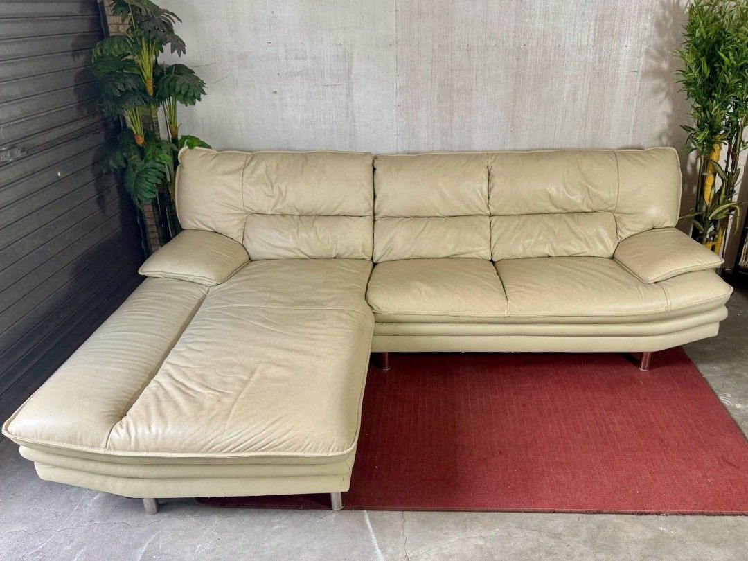 Sofa (Category: Sofas) located in Meycauayan. Submitted by marygracecasimiro (Listing ID 1464740975, Image 3). Description: NITORI L-Shape Leather Sofa 94”L x 60”W x 16”SH Php 21,500💚.