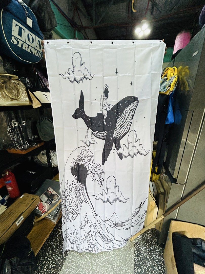 Space Whale Astronaut Shower Curtain with Hooks (Category: Curtains & Blinds) located in Manila. Submitted by starbalesukandjapansurplus (Listing ID 1464582271, Image 1). Description: - Unique space whale and astronaut design - Waterproof material - Easy to clean, machine washable - Includes hooks - Adds a fun, cosmic vibe to your bathroom - Perfect for space enthusiasts!.