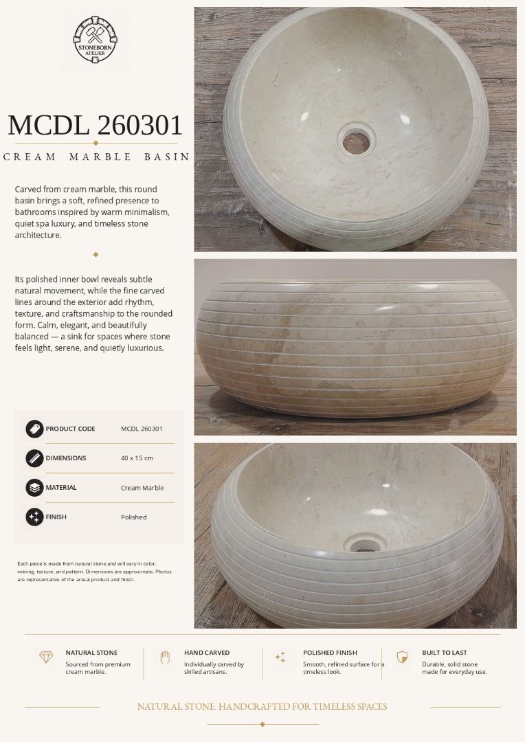 Stone Sinks (Category: Bathroom & Kitchen Fixtures) located in Caloocan City. Submitted by sbatelier.philippines (Listing ID 1464624489, Image 2). Description: Ready, on-hand stock. No need to wait for preordering, no downpayment needed. All items are availble on hand ready for same/Next day shipping. DM us to view all our product catalogues with clear photos and specs. Large selection to choose from. At Stoneborn Atelier, we create unique, hand-