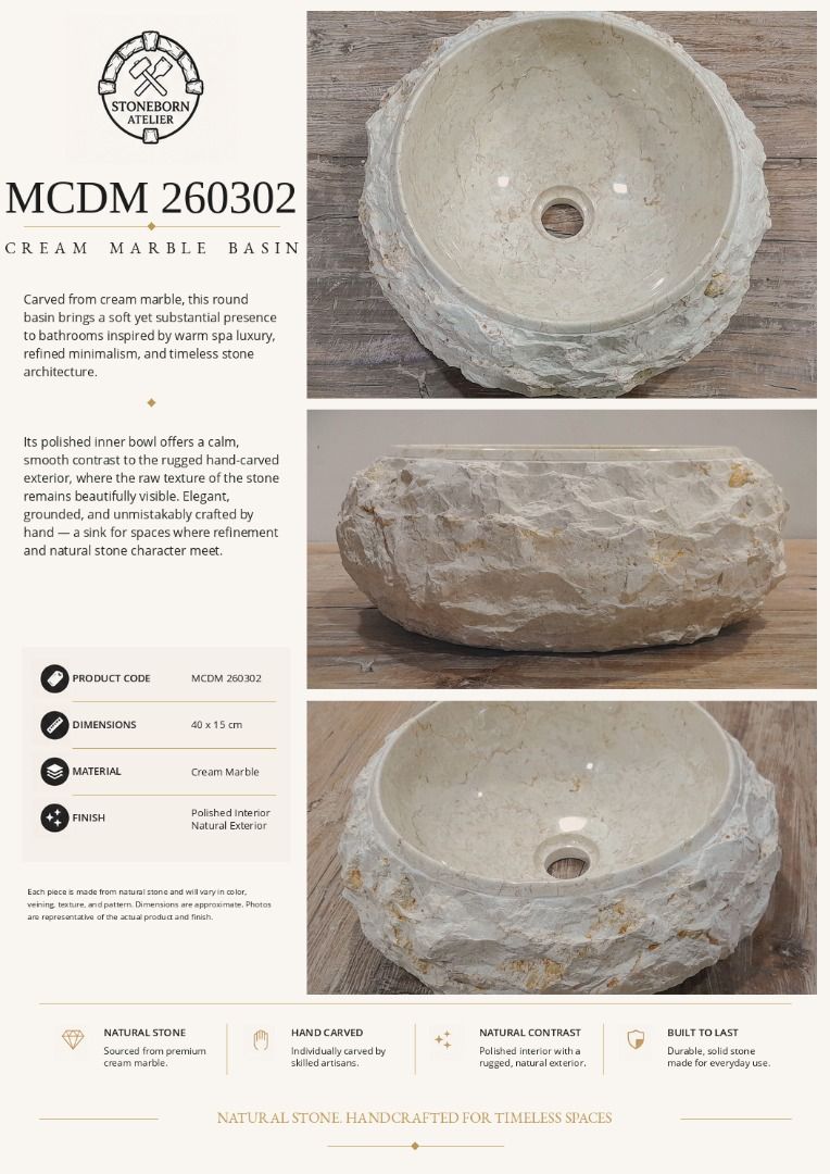 Stone Sinks (Category: Bathroom & Kitchen Fixtures) located in Caloocan City. Submitted by sbatelier.philippines (Listing ID 1464626718, Image 3). Description: Ready, on-hand stock. No need to wait for preordering, no downpayment needed. All items are availble on hand ready for same/Next day shipping. DM us to view all our product catalogues with clear photos and specs. Large selection to choose from. At Stoneborn Atelier, we create unique, hand-